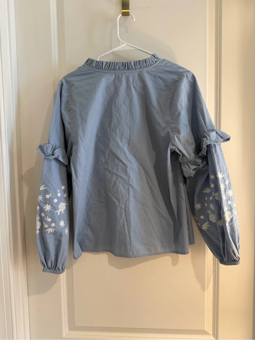 Mud Pie Sky Blue Embroidered Ruffle Sleeve Blouse